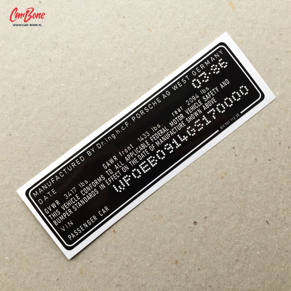 VIN DOOR JAMB DECAL, BLACK, 911 (1986) porsche sticker technical eBay