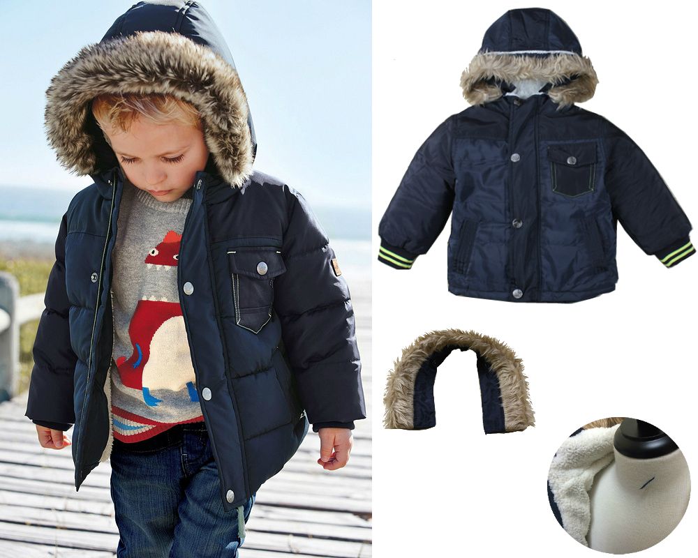 Boy Kids Winter Navy Coat Jacket Faux Fur Lining Hooded School Age 1 2