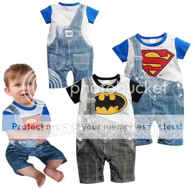 Baby Boy Superman Batman Cool Fake Print Dungarees Causal Everyday Bodysuit